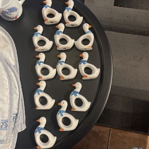 Vintage Ceramic Geese Napkin Holders Blue Ribbons Duck Blue Set 12 Goose Country - Picture 1 of 3
